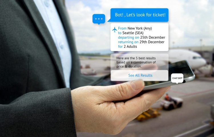 Chat bot and future marketing concept . Customer hand holding tablet look for ticket and popup out tablet screen with automatic chatbot message screen , airport background