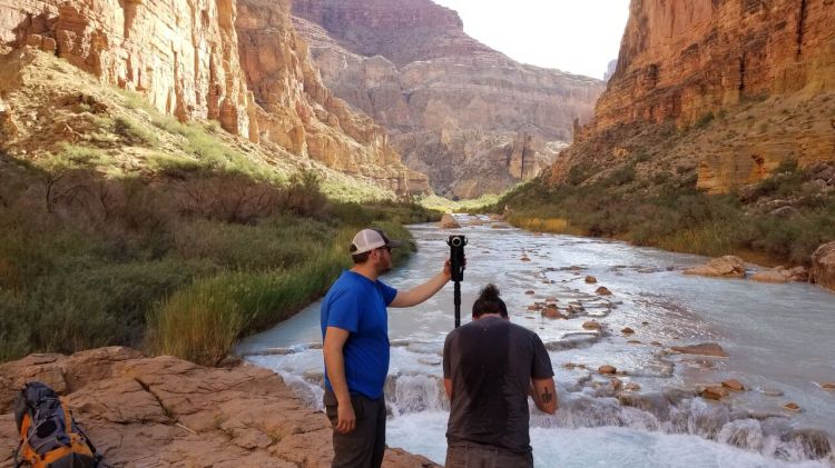 Matt Rowell, director of photography for VR documentary "as it is" setting up a shot in the Grand Canyon.