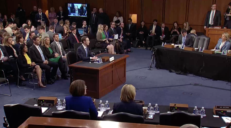 Mark Zuckerberg testifies in front of the Senate Judiciary and Commerce Committees on April 10, 2018. 
