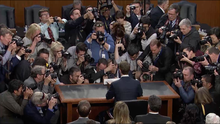 Facebook CEO Mark Zuckerberg takes his seat at a joint session of the Senate Judiciary and Commerce committees on April 10, 2018