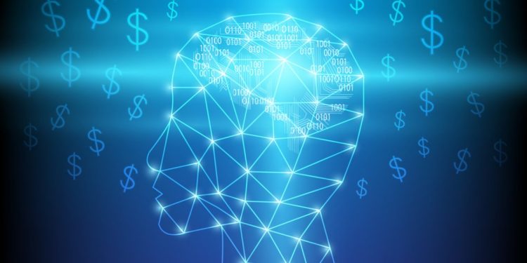 An image of a digital head set against a background of dollar signs.