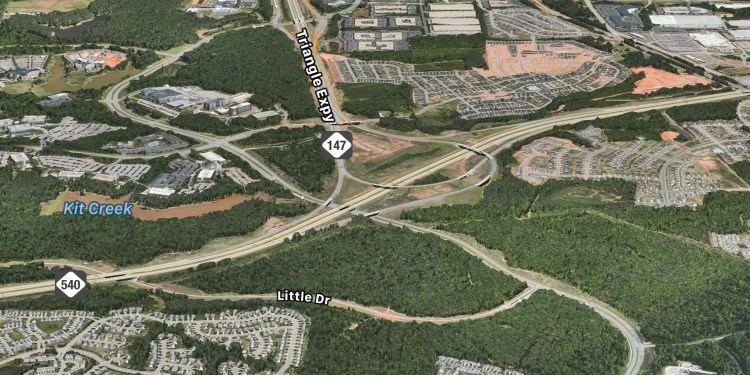 Apple is said to be focused on vacant North Carolina land at the intersection of I-540 and Davis Drive, shown here.