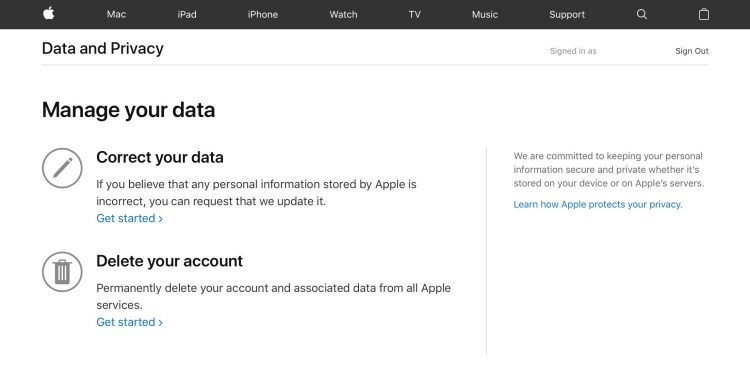 Apple's Data and Privacy page, as it looks to U.S. users.