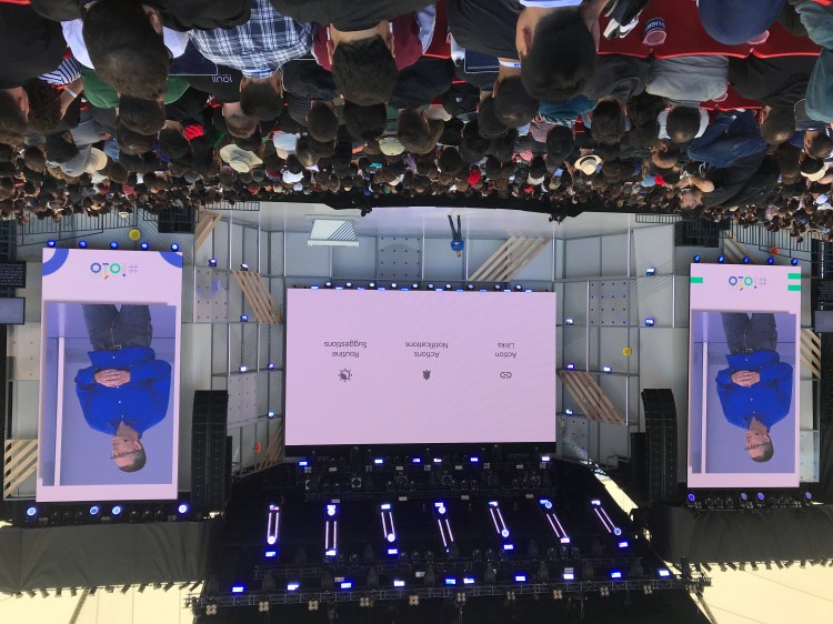 Google product manager Brad Abrams talks Google Assistant onstage at I/O held May 8, 2018 at the Shoreline Amphitheater in Mountain View, California
