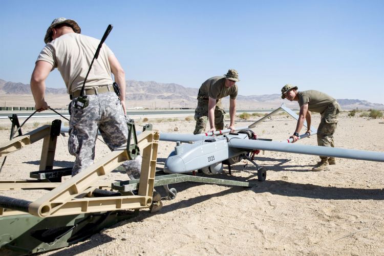 Soldiers prepare an RQ-7B Shadow drone for launch during Integrated Training Exercise 1-18 at Marine Corps Air Ground Combat Center, Twentynine Palms, Calif., Oct. 19, 2017. The soldiers are assigned to the 70th Brigade Engineer Battalion. 