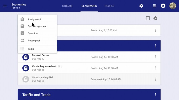 Screenshot of Google Classroom with a new Classwork section 