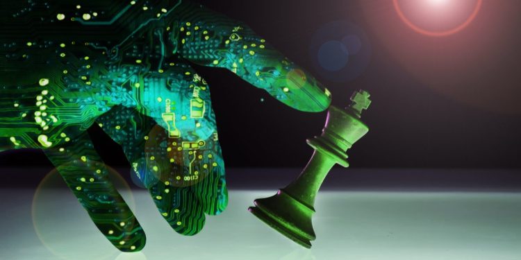 An AI hand toppling a chess piece.