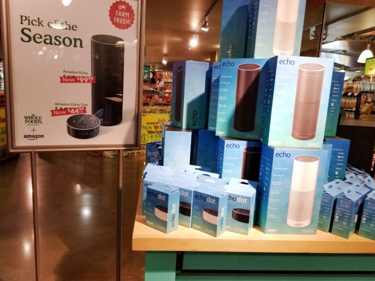 Amazon Echo smart speakers on sale at a Whole Foods in San Francisco shortly after the acquisition was approved in August 2017.