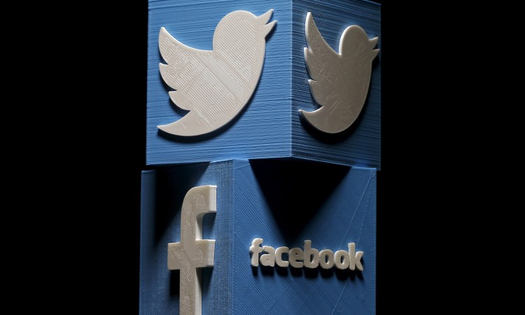 3D-printed Facebook and Twitter logos are seen in this picture illustration.