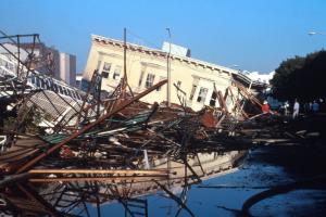 Destruction in the Marina District in San Francisco after the 1989 Loma Prieta earthquake 