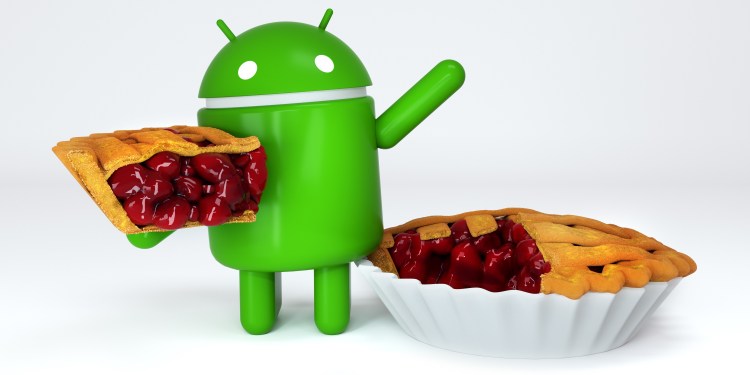 Green Android robot mascot holding a piece of Pie