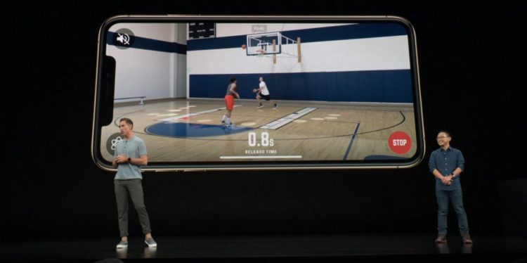A demonstration of HomeCourt, an AR recording app for basketball player development, at Apple's September 2018 special event.