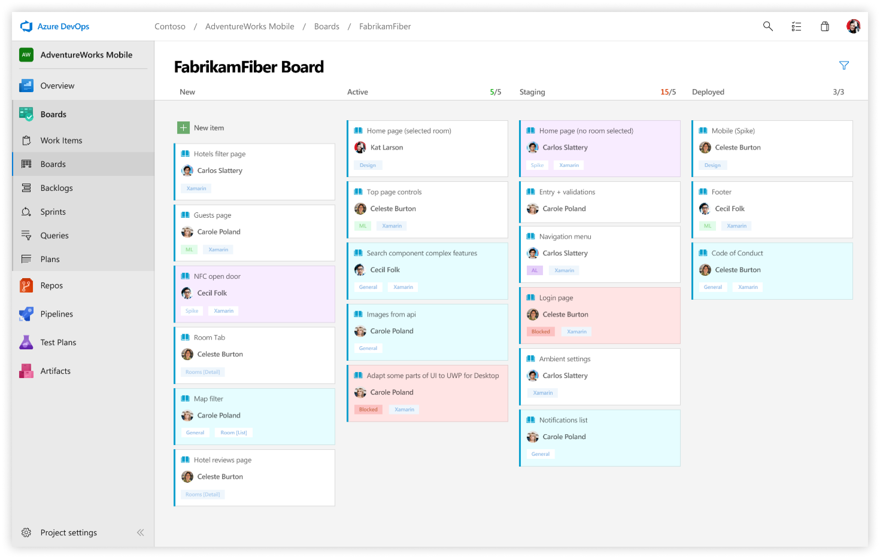 A screenshot of all Azure DevOps services together from the vantage point of Azure Boards