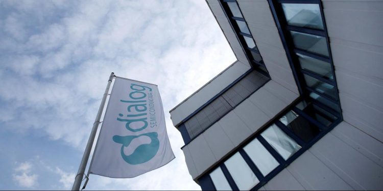 Dialog semiconductor logo is pictured at a flag in Germering near Munich, Germany August 15, 2016. 