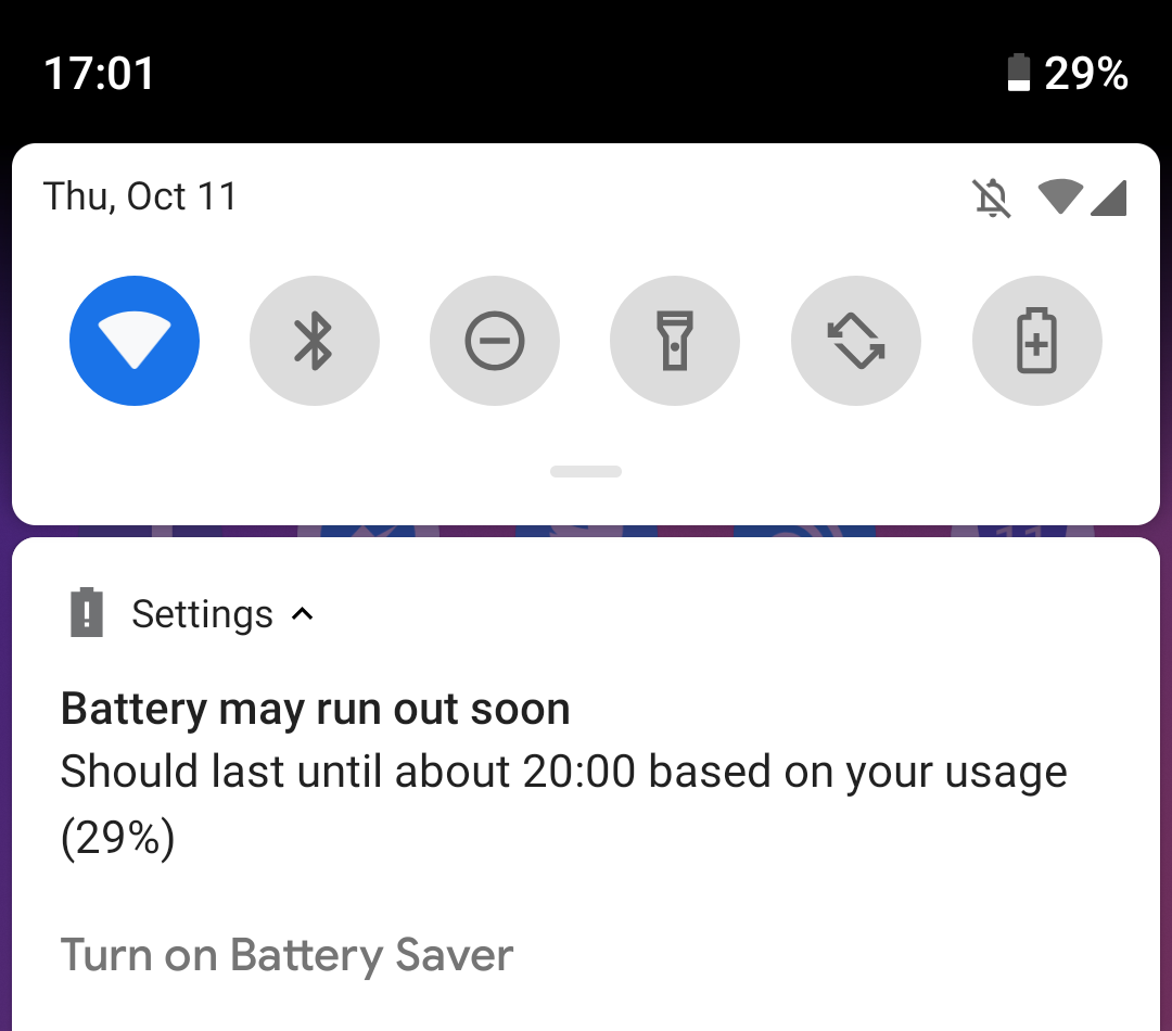 A Pixel 3 notification showing the battery will run out at 20:00.