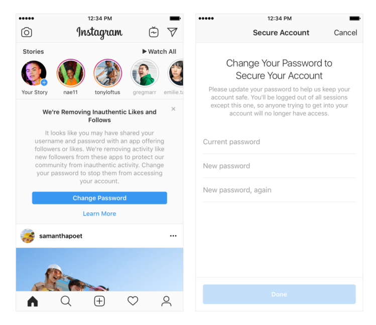 The message a user will see when Instagram removes 'inauthentic activity' from their account. 