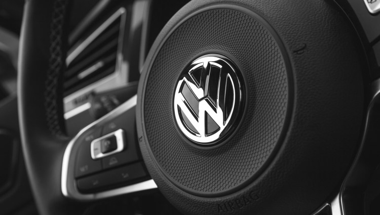 Hamburg, Germany - February 10, 2017: Black steering wheel with logotype of second generation Volkswagen Tiguan, 4x4 R-Line. 