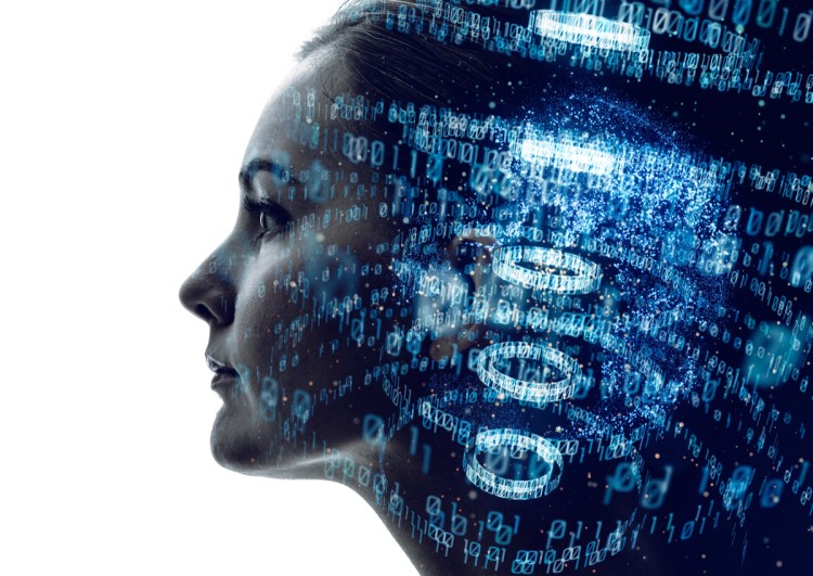 Person's face with swirling dots and lines. Vector database and AI concept.