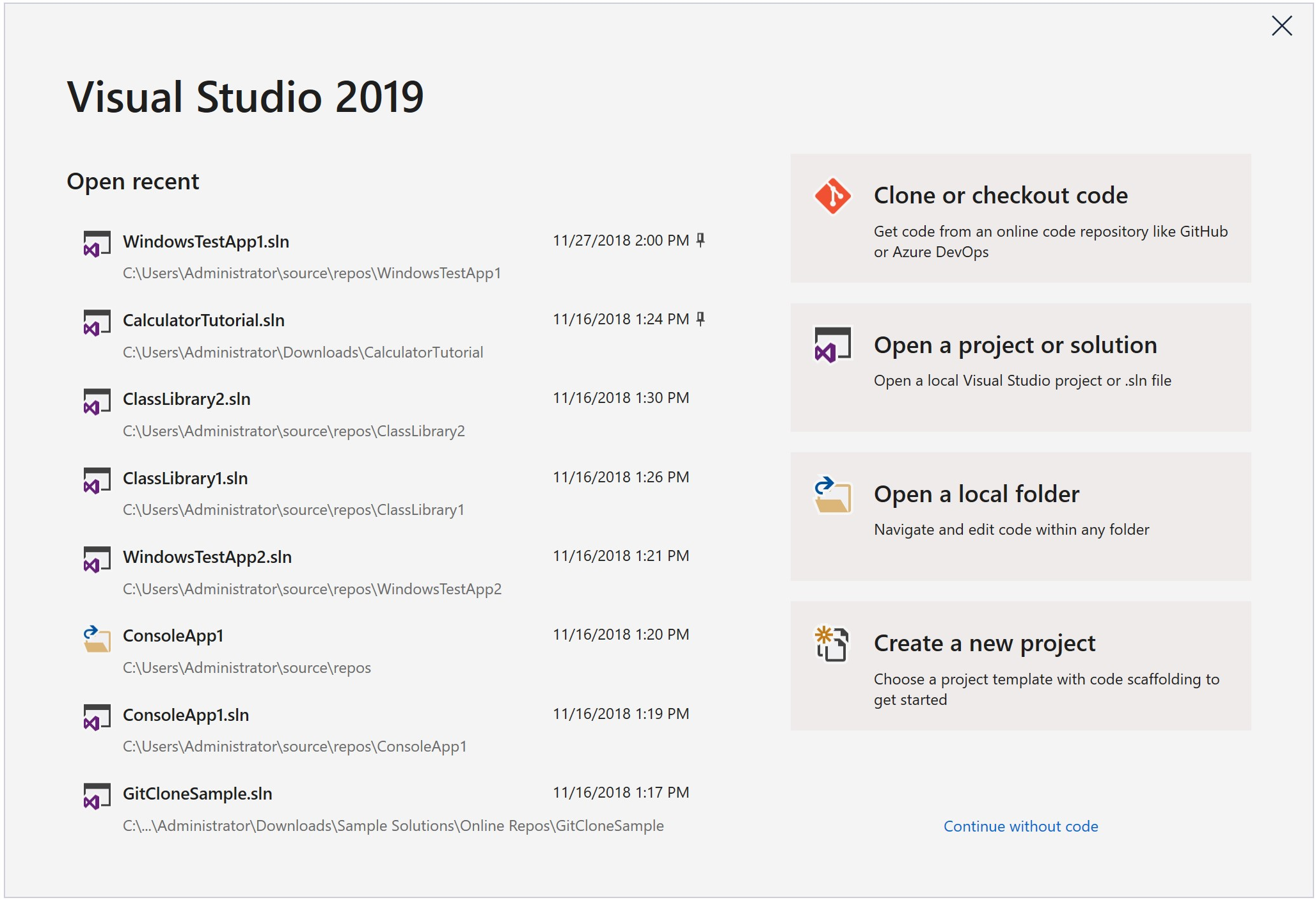 Visual Studio 2019 start window