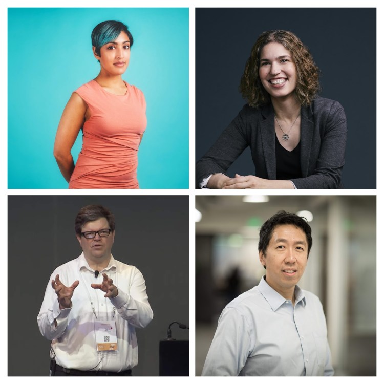 Left to right: Cloudera machine learning general manager Hilary Mason, Accenture global responsible AI lead Rumman Chowdhury, Facebook AI Research director Yann LeCun, and Google Brain cofounder Andrew Ng