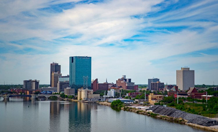 Looking down the Maumee River, from an elevated view, we have T