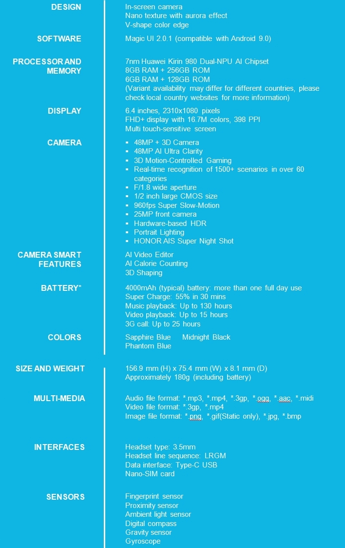 Honor View20 specifications