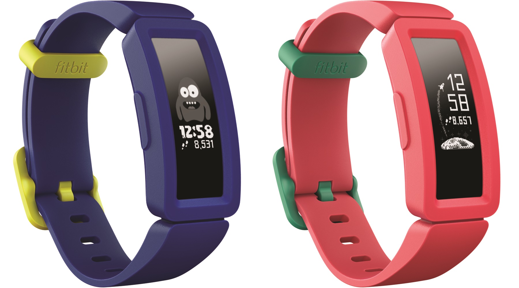Fitbit Ace 2 activity tracker for kids in watermelon with teal clasp or night sky with neon yellow clasp