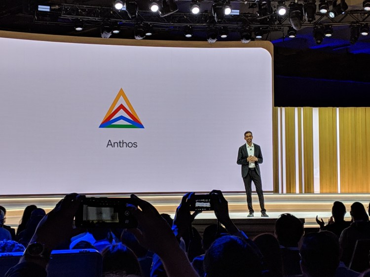 Google CEO Sundar Pichai announces the debut of Anthos during the keynote address at Moscone Center on April 9, 2019 in San Francisco