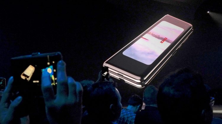 The Samsung Galaxy Fold phone is shown on a screen at Samsung’s Unpacked event in San Francisco, California, U.S., Feb. 20, 2019