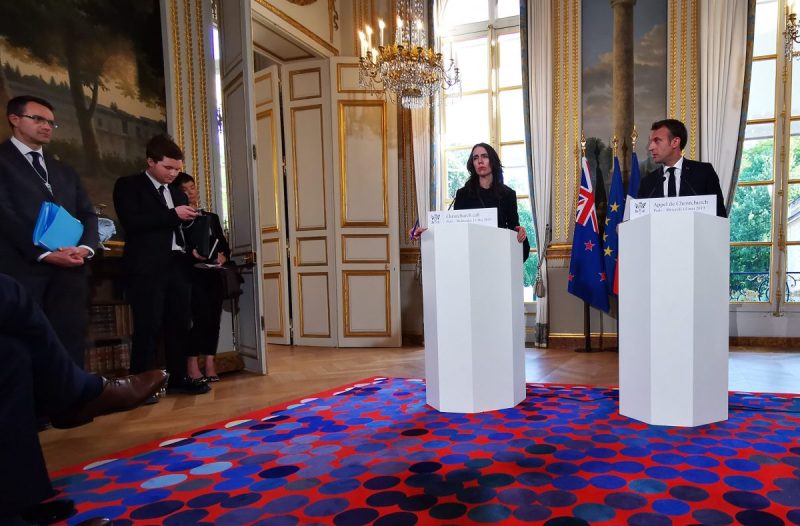 New Zealand Prime Minister Jacinda Ardern and French president Emmanuel Macron speak at a conference to announce details of the "Christchurch Call" to fight online terrorism. 