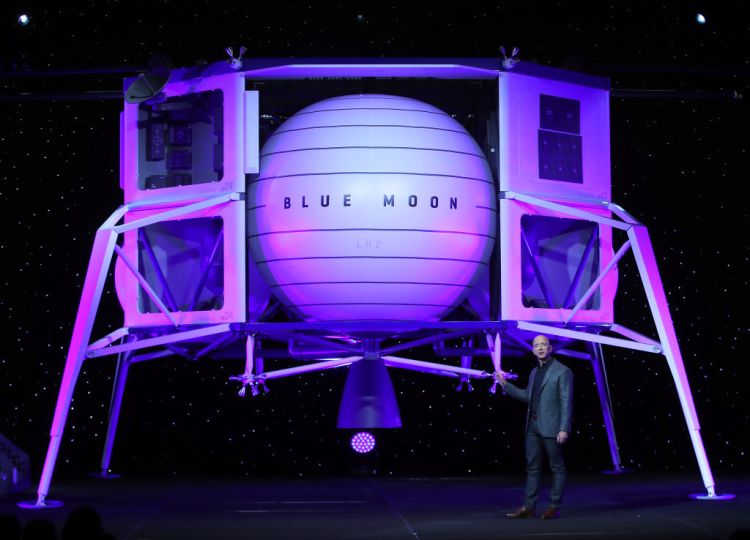 WASHINGTON, DC - MAY 09: Jeff Bezos, owner of Blue Origin, introduces a new lunar landing module called Blue Moon during an event at the Washington Convention Center, May 9, 2019 in Washington, DC. Bezos said the module will be used to land humans the moon once again.