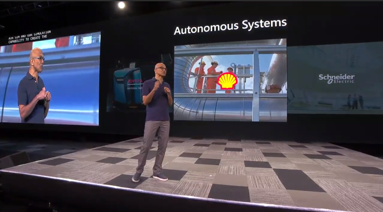 Microsoft CEO Satya Nadella talks about autonomous systems at the Build conference held May 6, 2019 in Seattle, Washington