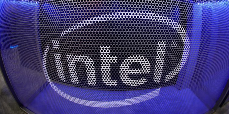 Computer chip maker Intel's logo is shown on a gaming computer display during the opening day of E3