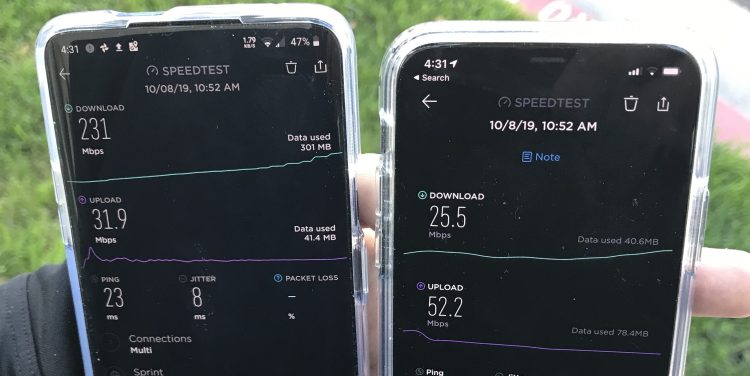 We put the OnePlus 7 Pro 5G (left) and iPhone 11 Pro (right) to a real-world speedtest in Los Angeles.