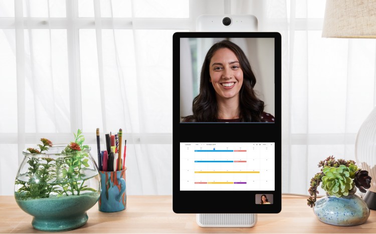 A Workplace video call with Portal+ uses split screen for a calendar below and image of the call above.