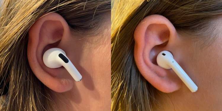 AirPods Pro (left) compared with standard AirPods (right).