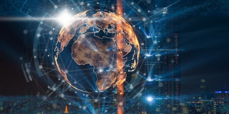 digital image of a globe with different nodes and points at various locations showing global connectivity and collaboration