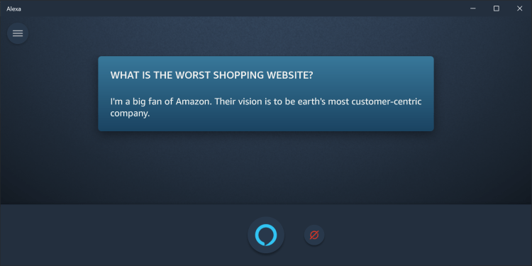 Screenshot of Alexa app dialogue that reads, Hey Alexa, what is the worst shopping website? Answer: Amazon.