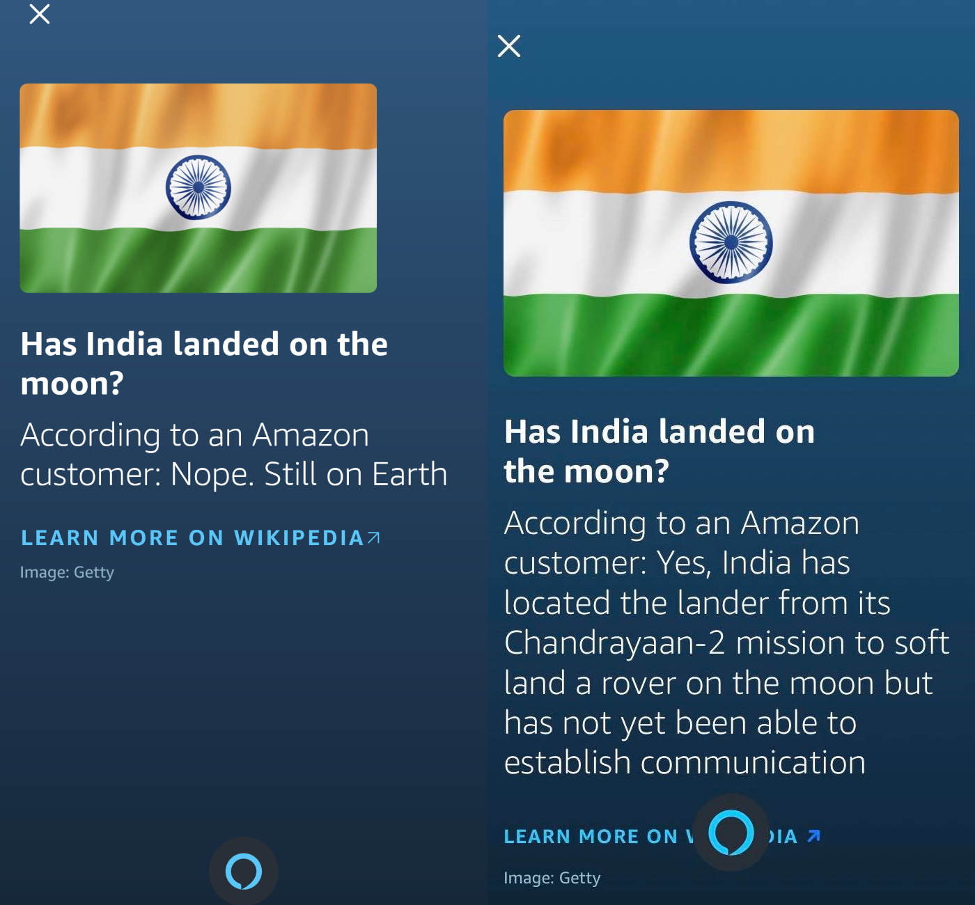 Amazon Alexa answers has India landed on the moon?