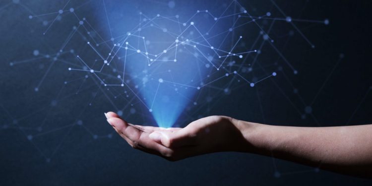 Woman's hand showing digital big data.