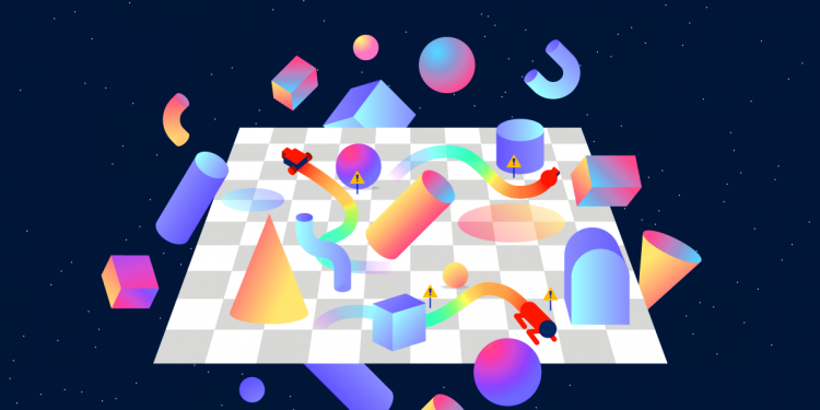 OpenAI Safety Gym screenshot shows assorted 3D shapes floating above a chessboard-patterned floor