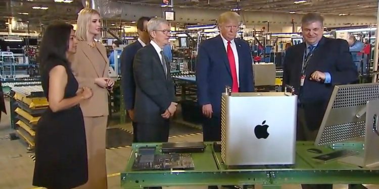 U.S. President Donald Trump and Apple CEO Tim Cook visit an Austin, Texas factory where Mac Pros are assembled, on November 20, 2019.