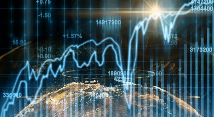 Abstract planet earth particle over the Stock market chart,Closeup Stock market exchange data on LED display, business and technology trading concept (Abstract planet earth particle over the Stock market chart,Closeup Stock market exchange data on LED