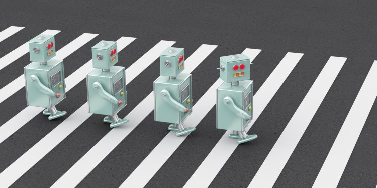 3D rendering of robots crossing a zebra crossing 