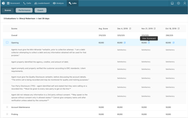 Observe.ai: Agent feedback, including adherence to compliance phrases