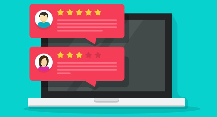 Image of a computer with two anonymous customer reviews.