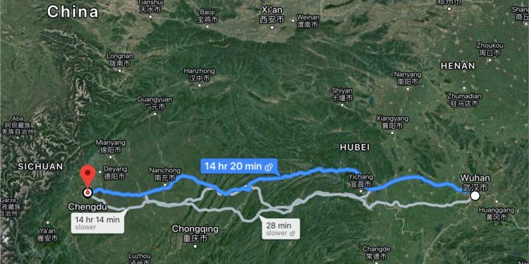 A map shows the 1,155-kilometer (718-mile) distance between doctors in Chengdu and coronavirus patients in Wuhan, China.