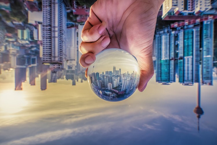 upside down city scape reflected right-side up in crystal