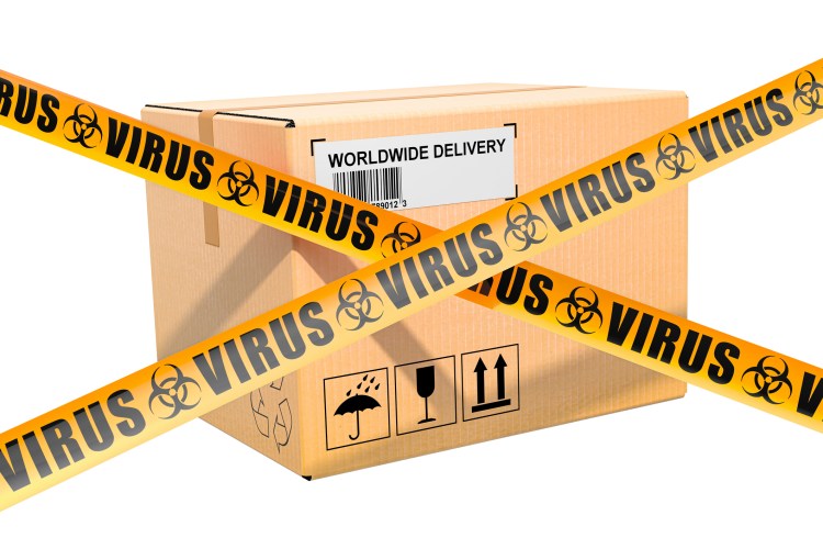 Worldwide delivery box blocked by 'Virus' caution tape