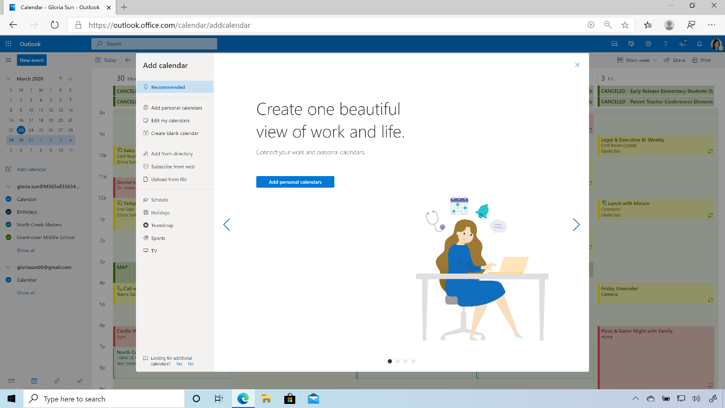 Outlook calendar merging work and personal